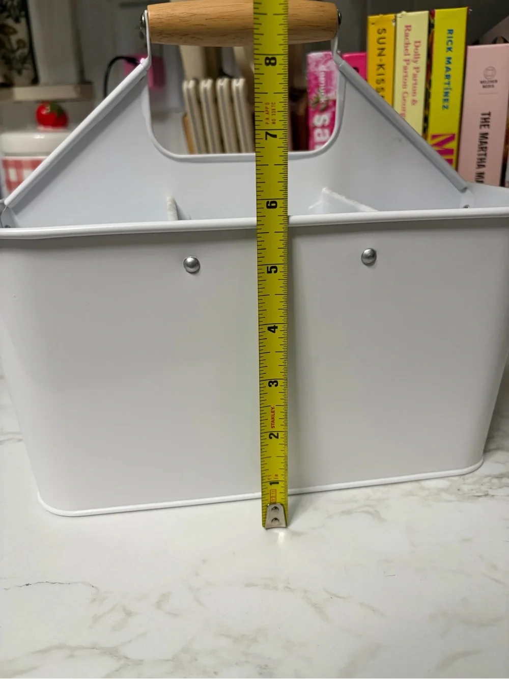 White Metal Caddy with Wood Handle